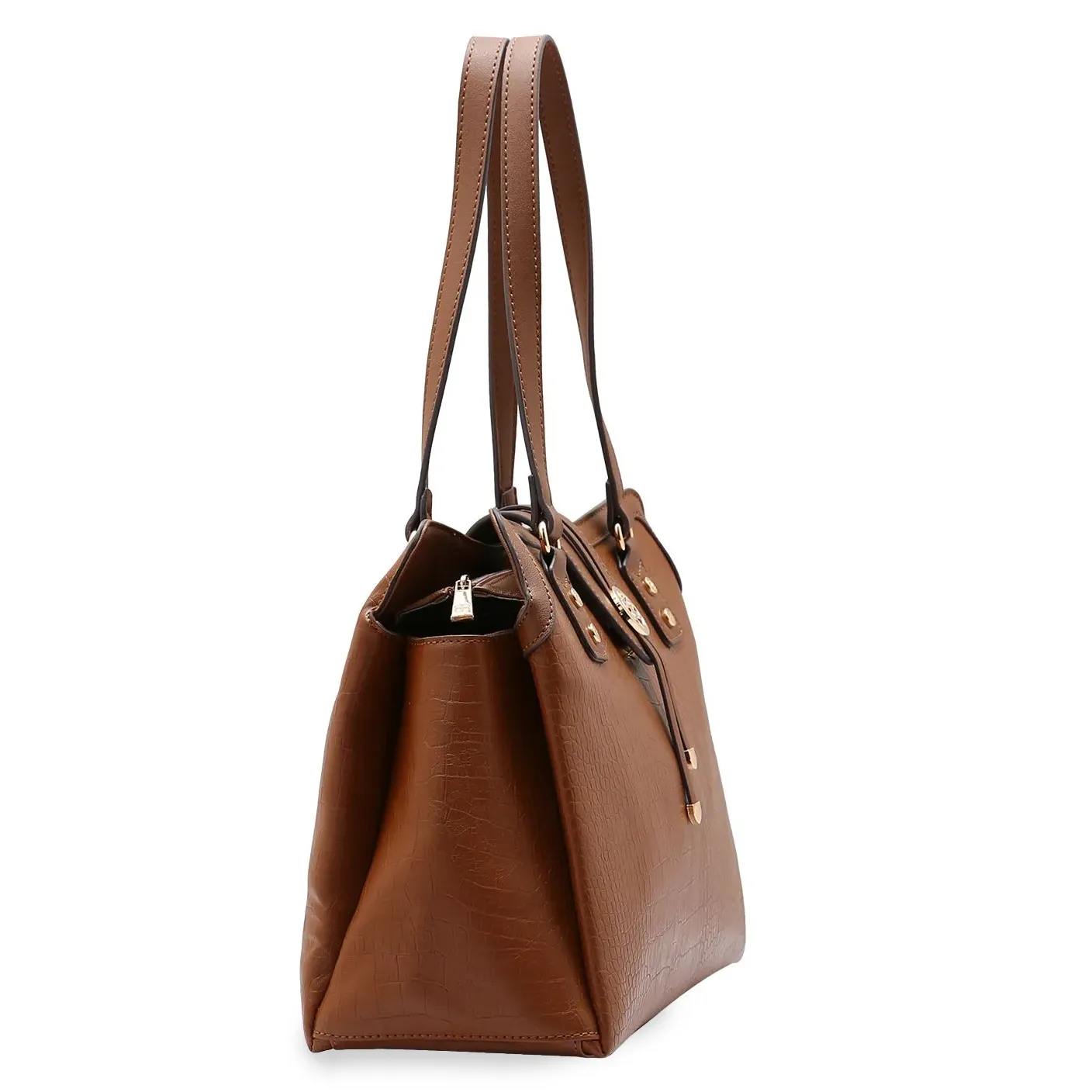 Bolsa Chenson Mini Croco Tote marrom vista lateral esquerda mostrando profundidade